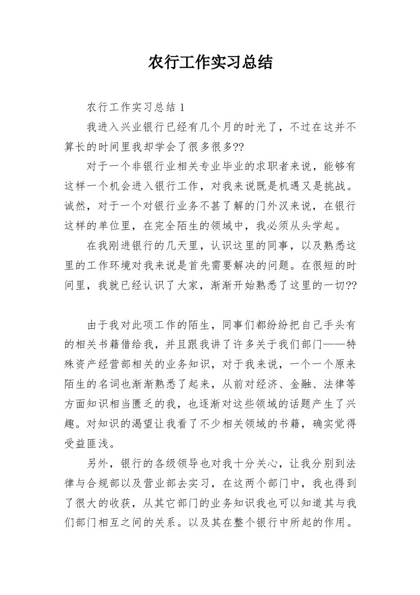 农行工作实习总结