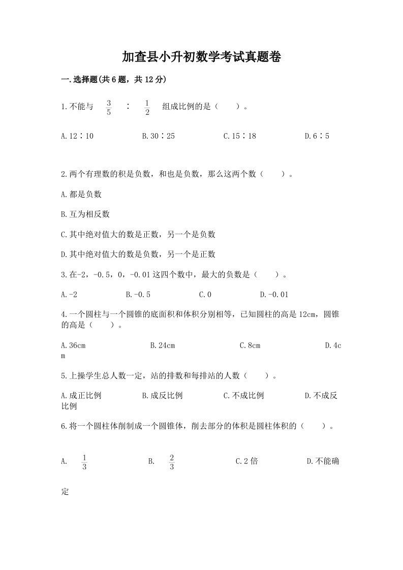 加查县小升初数学考试真题卷新版