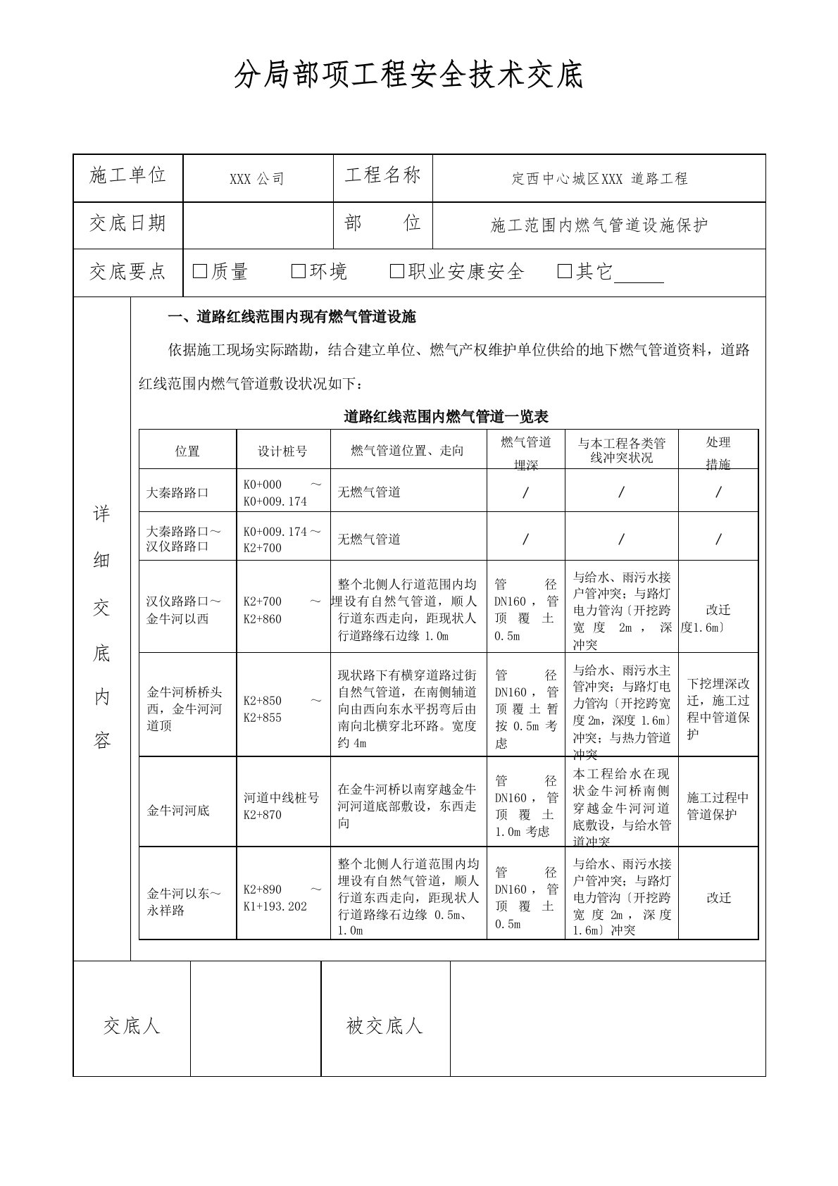 施工过程中天然气管道设施保护安全技术交底