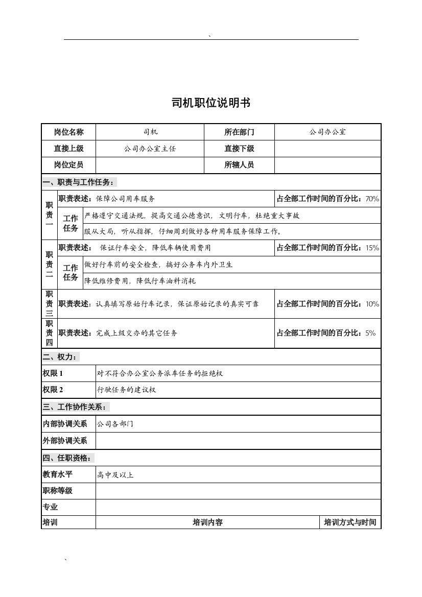 华北光学仪器公司办公室司机职位说明书