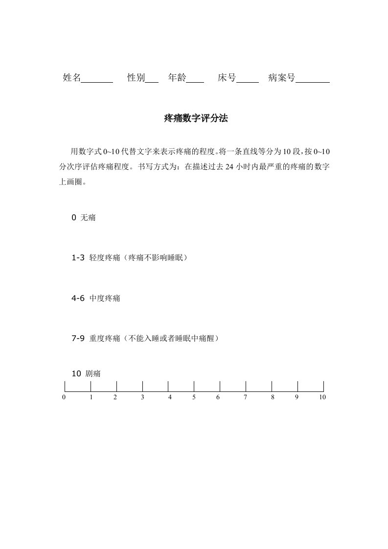 疼痛数字评分法(NRS)