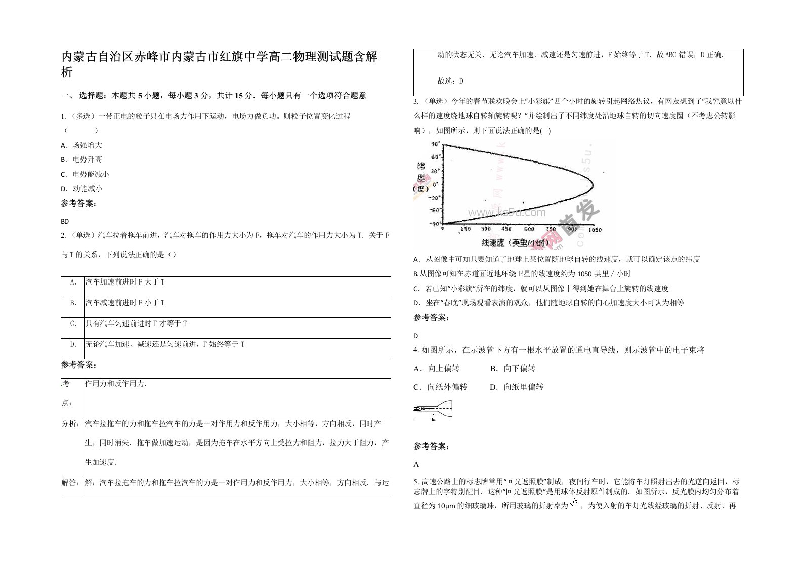 内蒙古自治区赤峰市内蒙古市红旗中学高二物理测试题含解析