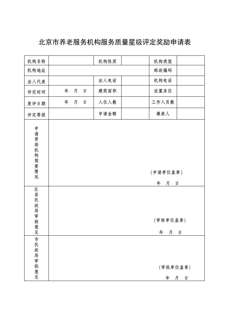 北京养老服务机构服务质量星级评定奖励申请表