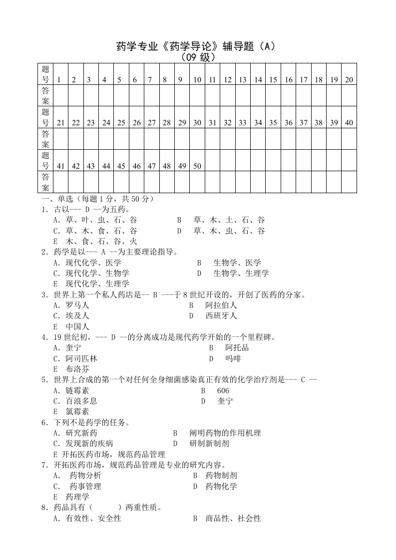 医疗行业-药学专业药学导论辅导题A