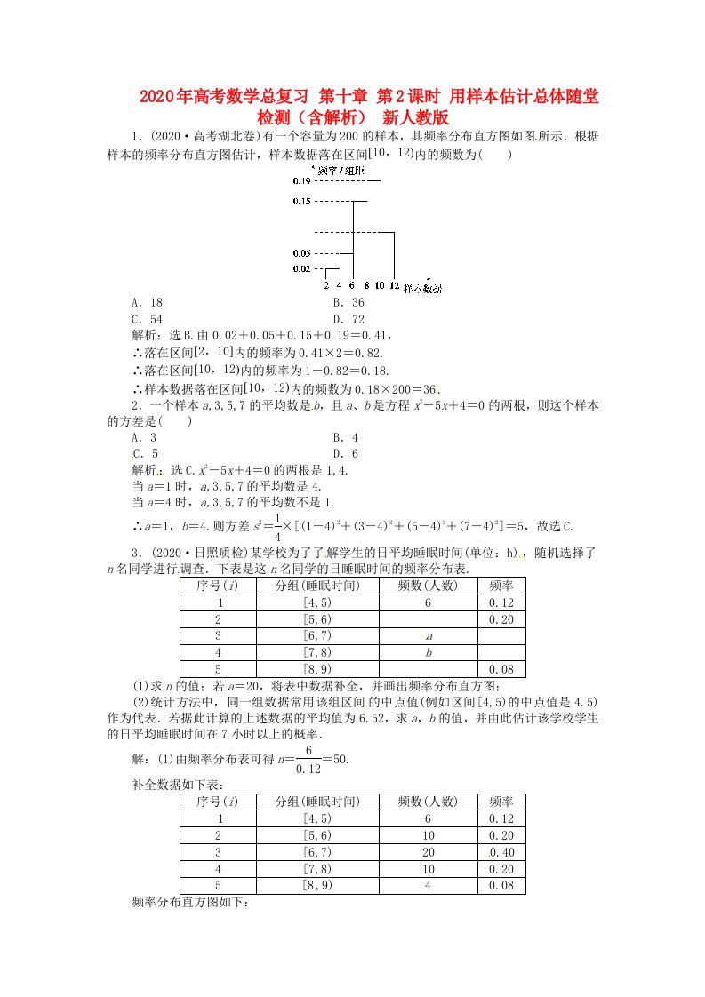 2020年高考数学总复习第十章第2课时用样本估计总体随堂检测含解析新人教版通用