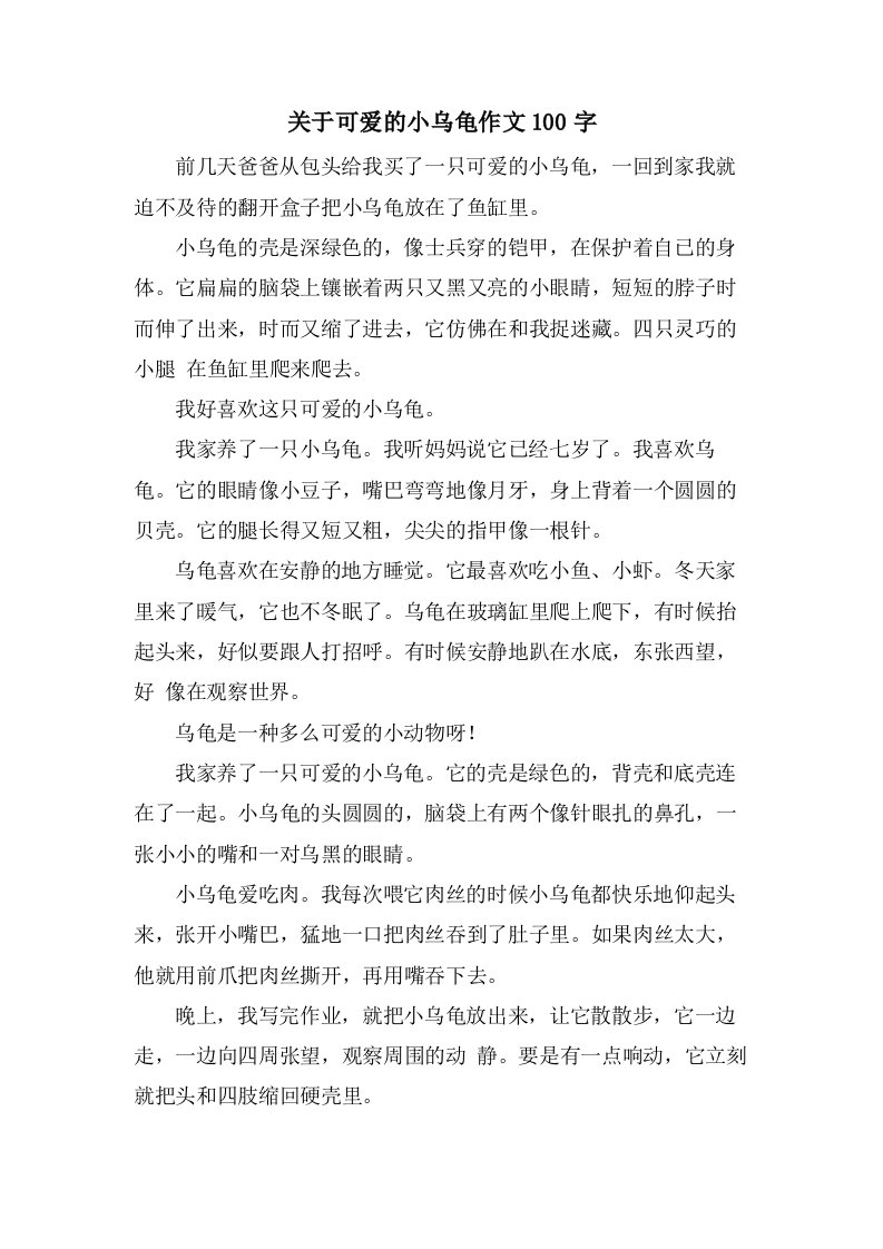 关于可爱的小乌龟作文100字