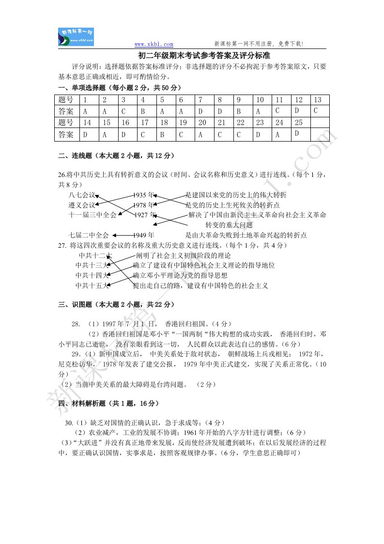 八年级参考答案及评分标准