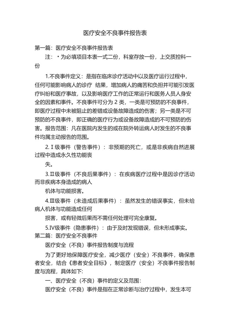 医疗安全不良事件报告表