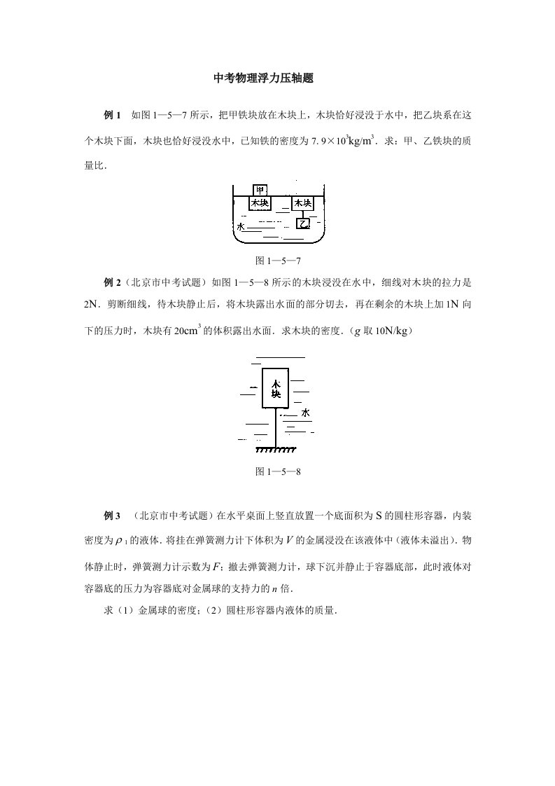 中考物理浮力压轴题及答案