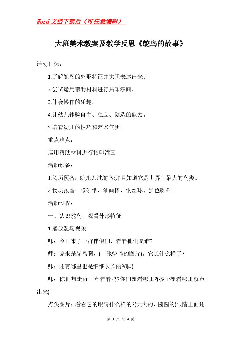 大班美术教案及教学反思鸵鸟的故事