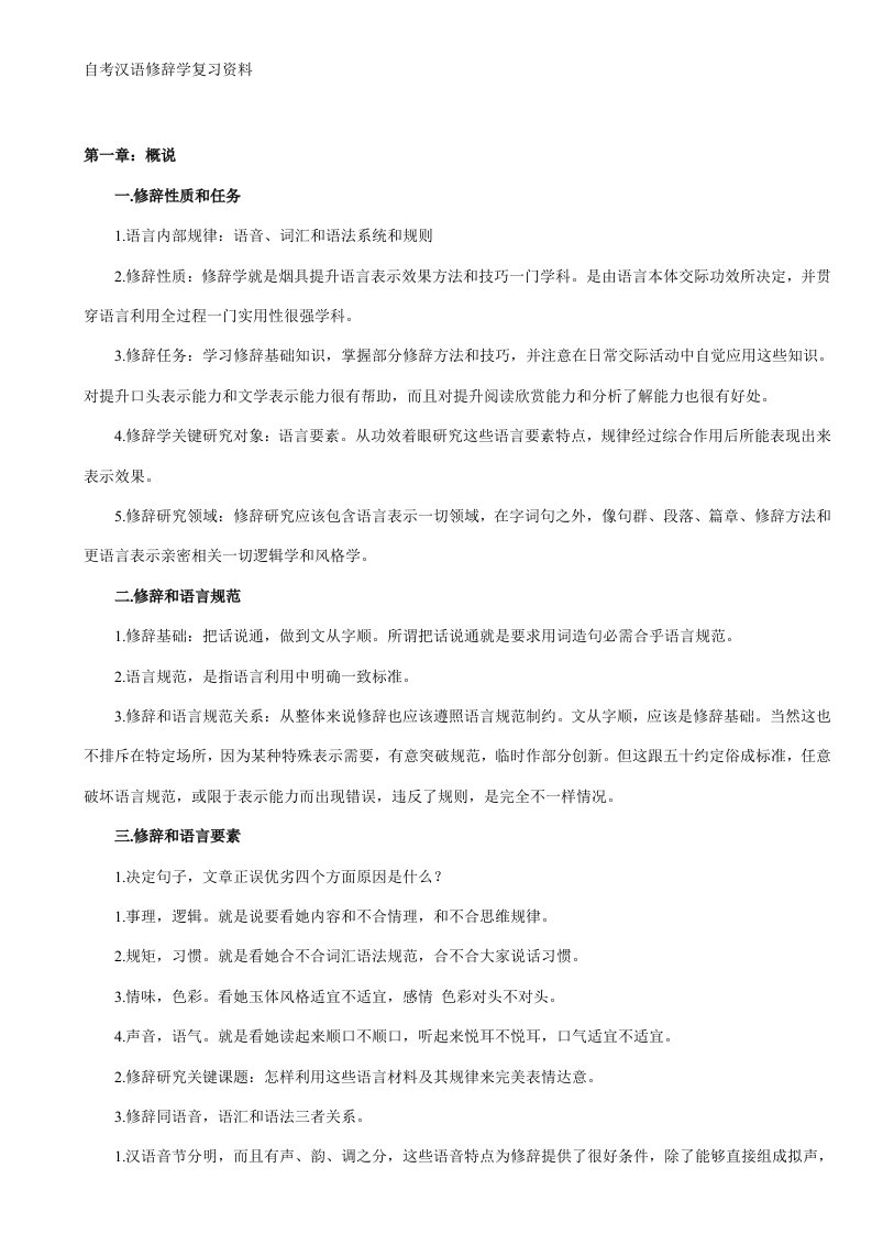 2021年度自考汉语修辞学复习资料