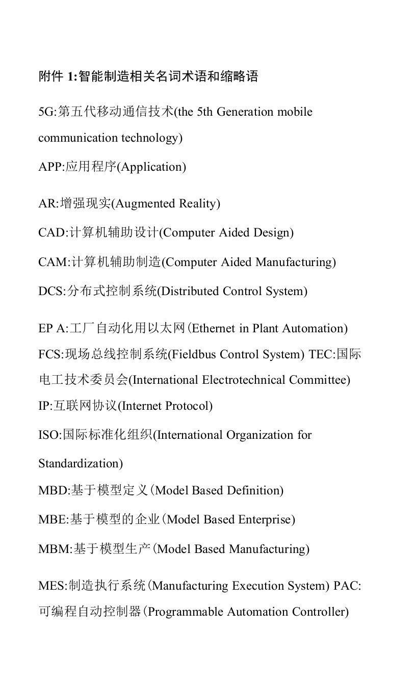 智能制造相关名词术语和缩略语