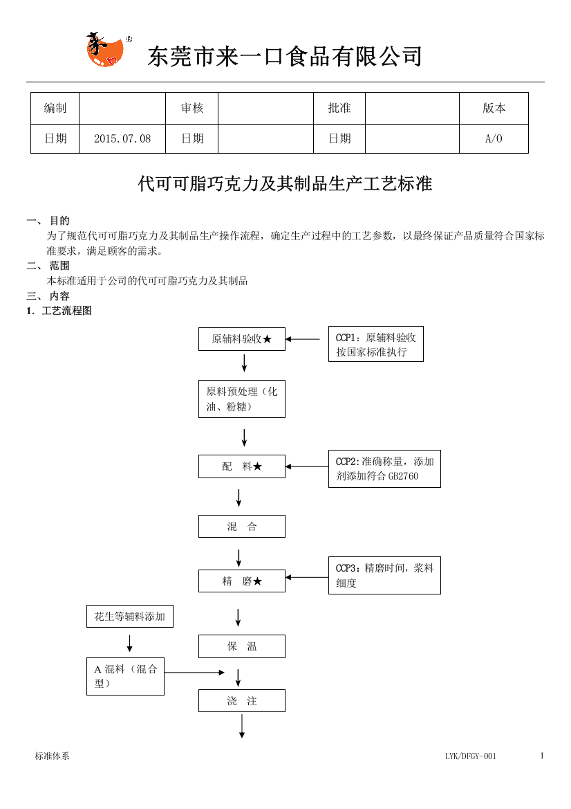 巧克力生产工艺标准