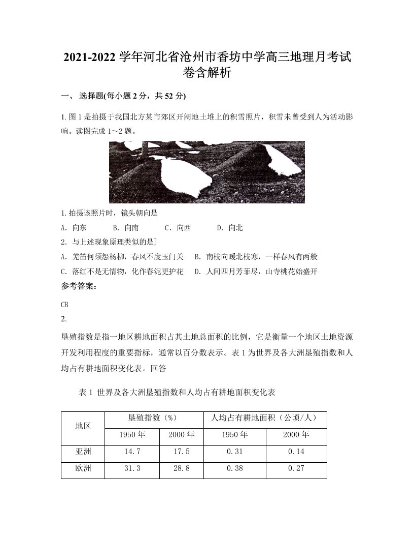 2021-2022学年河北省沧州市香坊中学高三地理月考试卷含解析