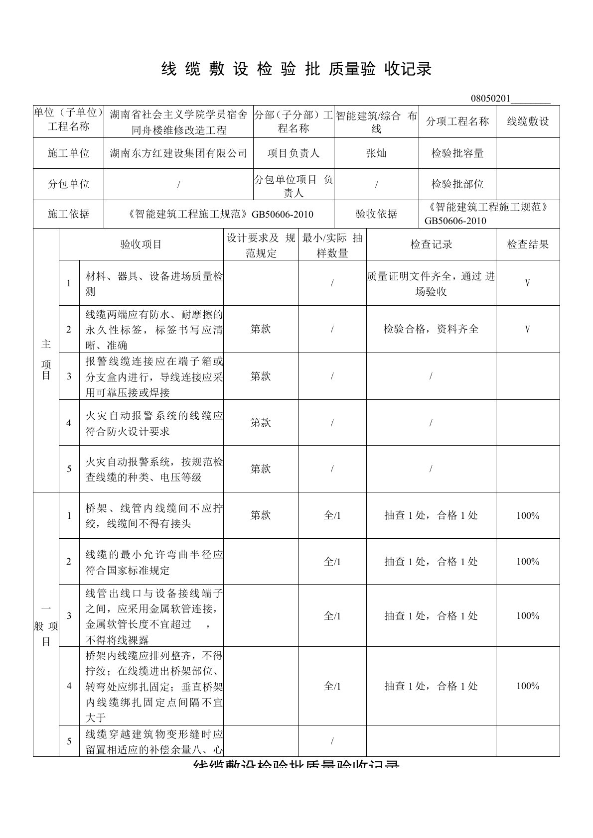 08050201线缆敷设检验批质量验收记录