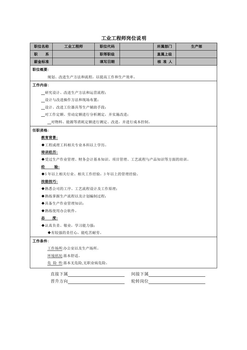 精品文档-工业工程师岗位说明