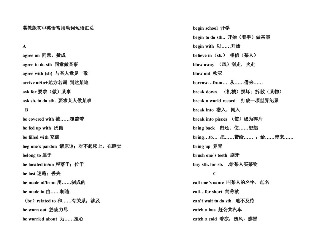 冀教版初中英语常用动词短语汇总(排版大字体打印版)