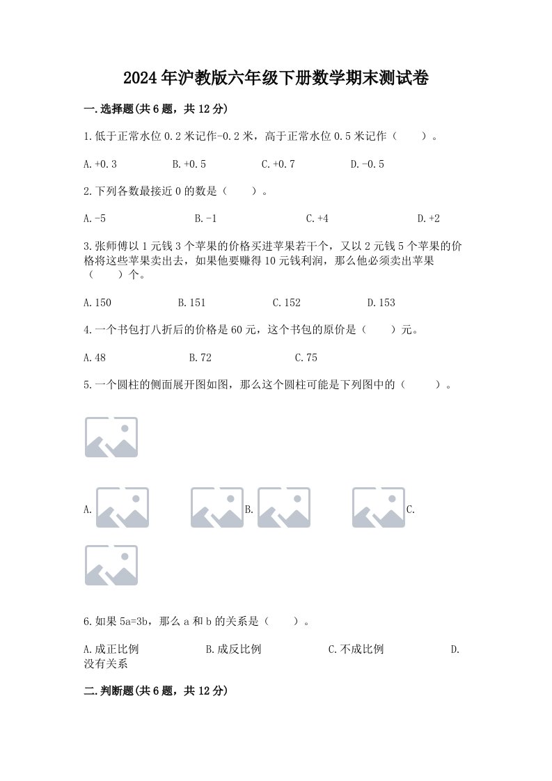 2024年沪教版六年级下册数学期末测试卷及完整答案（各地真题）