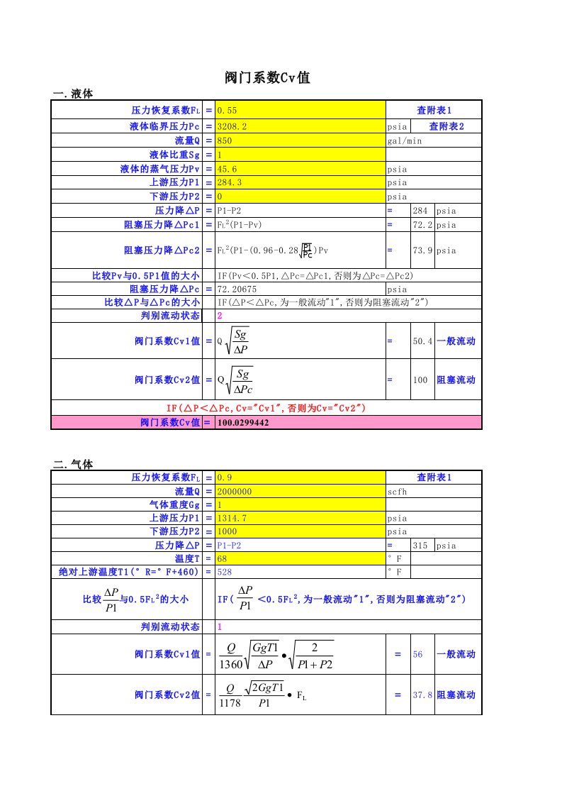 阀门系数Cv和KV值计算表格