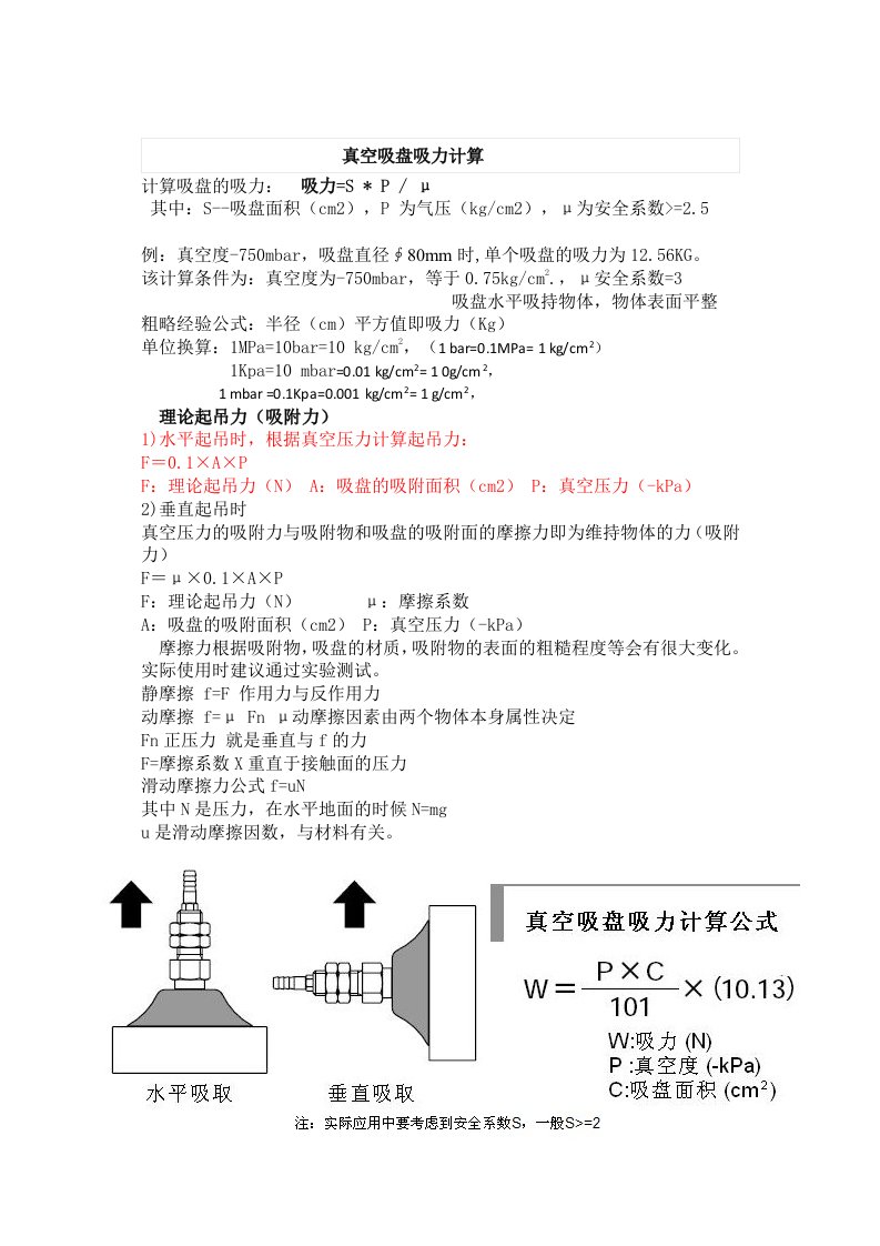 真空吸盘吸力计算公式