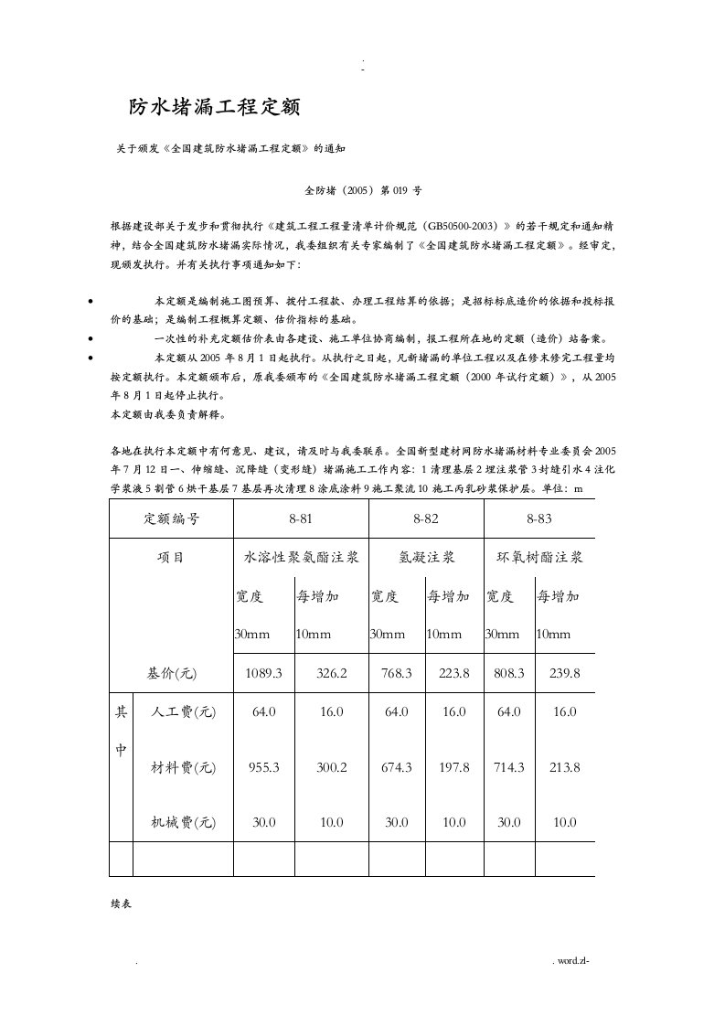 防水堵漏工程定额