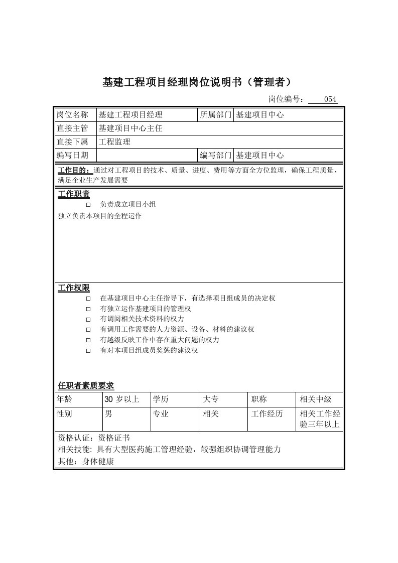 项目管理-基建工程项目经理岗位说明书