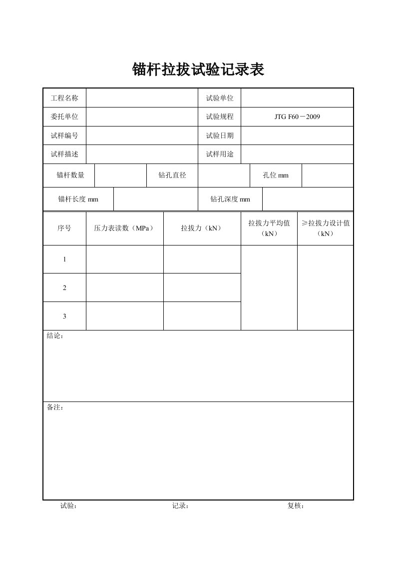 锚杆拉拔试验记录表