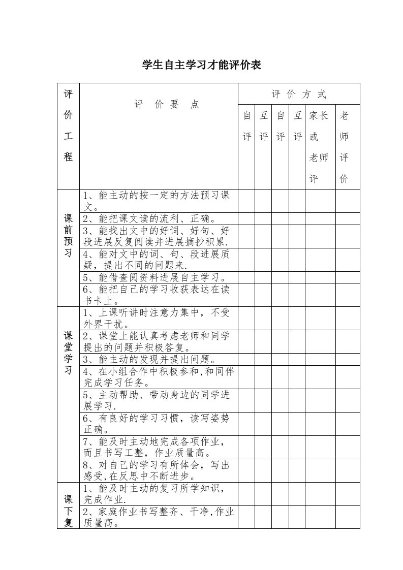 学生自主学习能力评价表