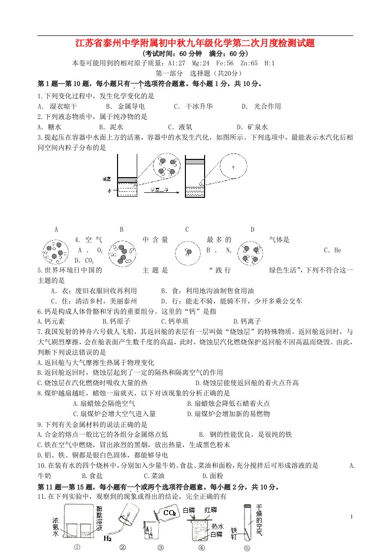 江苏省泰州中学附属初级中学九级化学12月月度检测试题