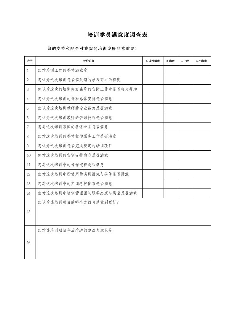 培训学员满意度调查表