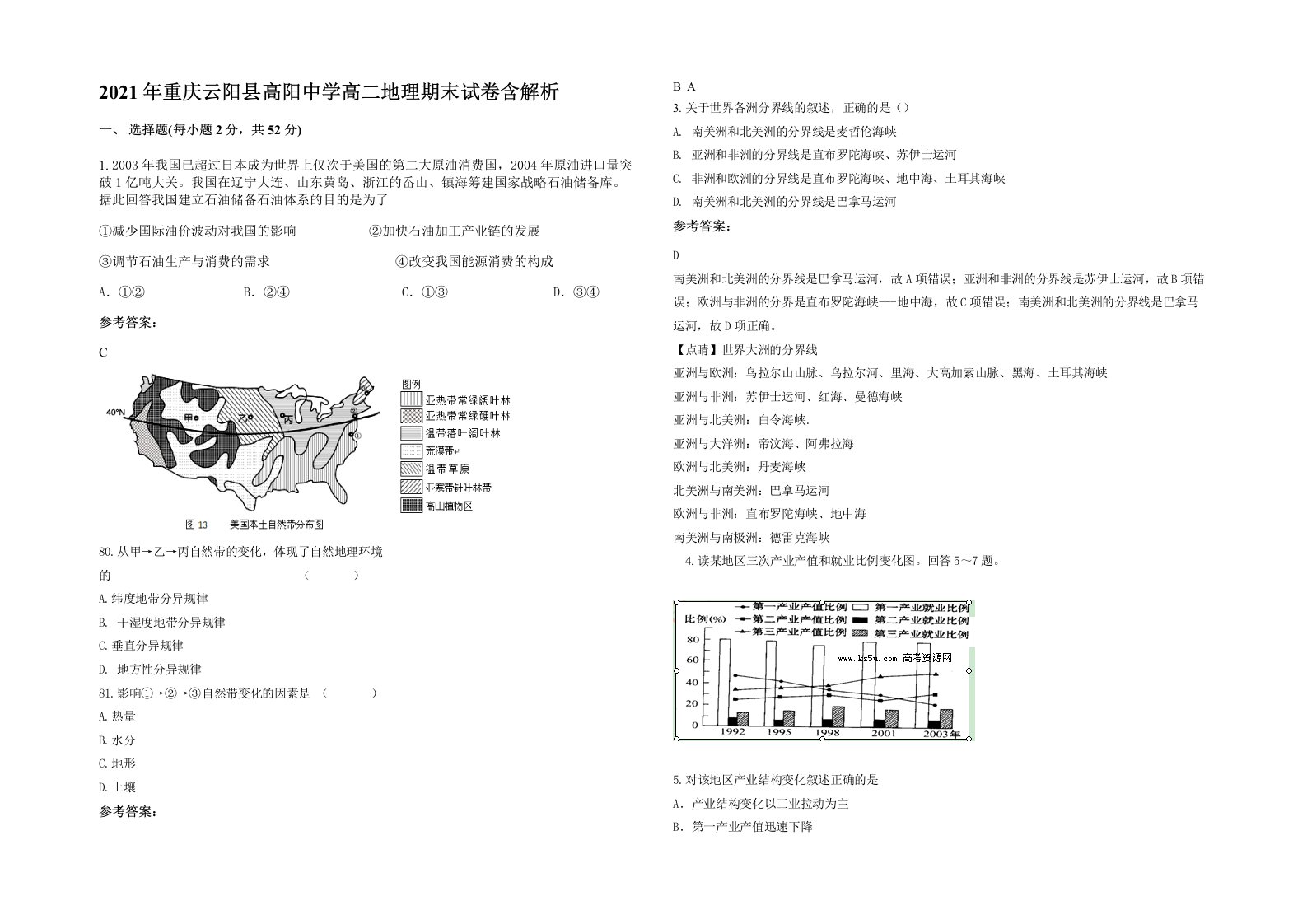 2021年重庆云阳县高阳中学高二地理期末试卷含解析