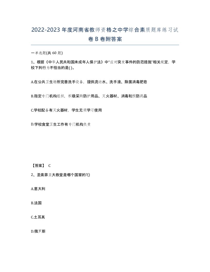 2022-2023年度河南省教师资格之中学综合素质题库练习试卷B卷附答案