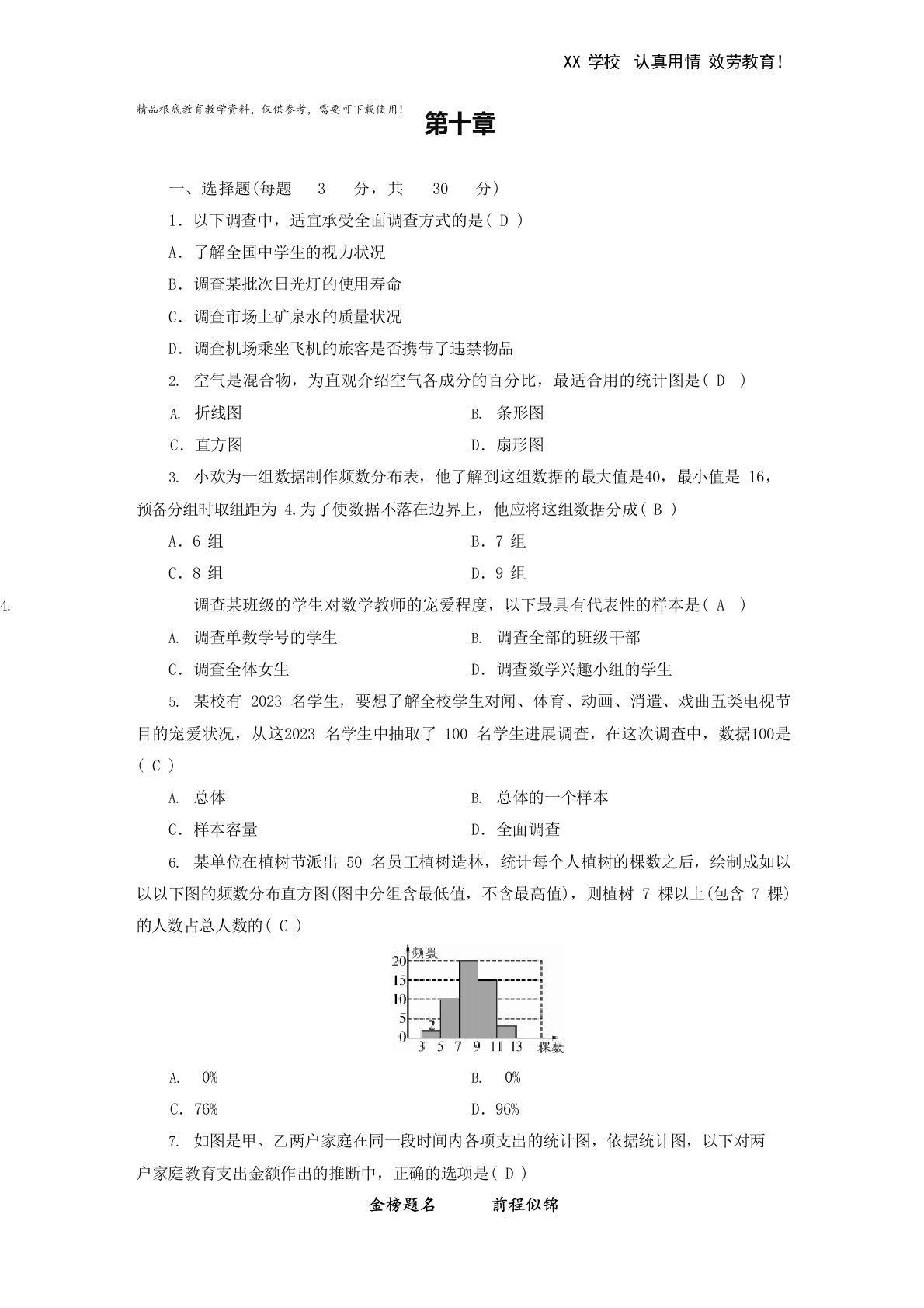 人教版七年级数学下册数据的收集整理与描述单元测试卷(附解析)