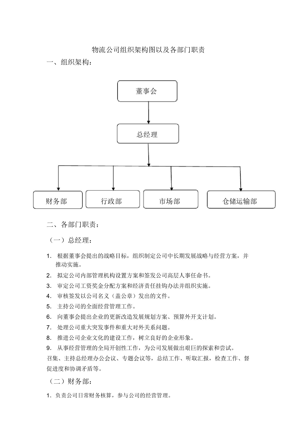 物流公司组织架构图含部门职责