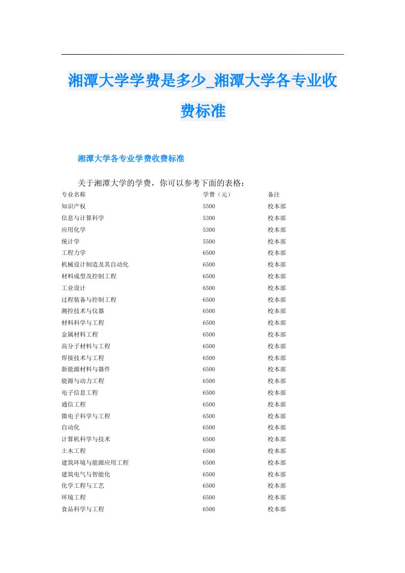 湘潭大学学费是多少_湘潭大学各专业收费标准