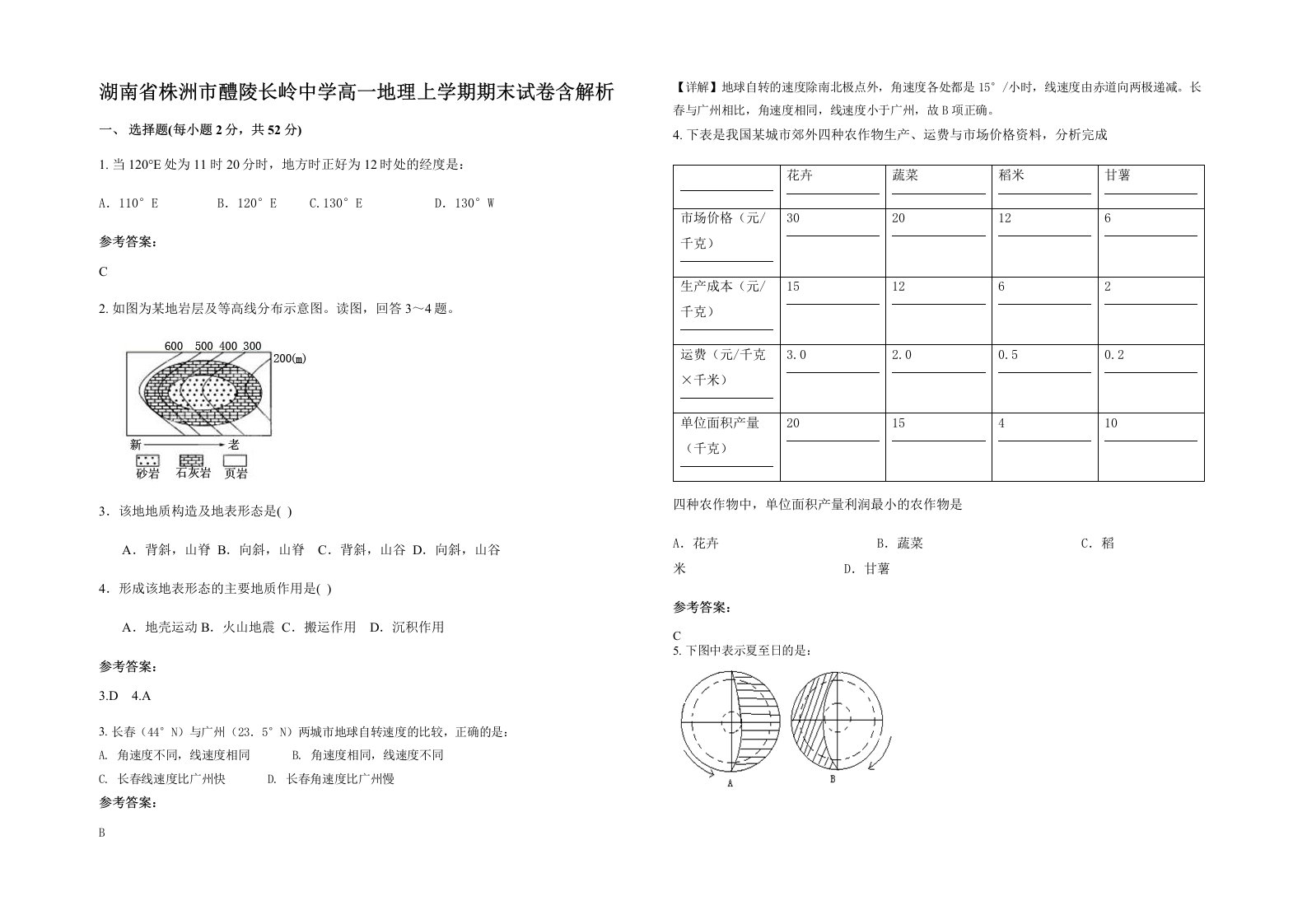 湖南省株洲市醴陵长岭中学高一地理上学期期末试卷含解析