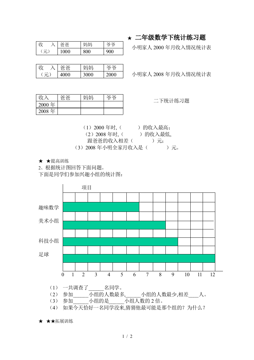 二年级数学下统计练习题