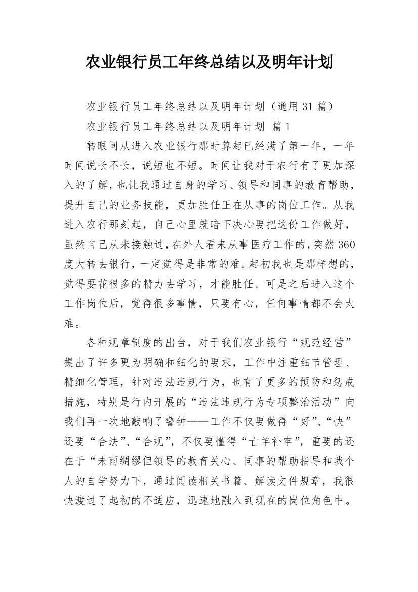 农业银行员工年终总结以及明年计划