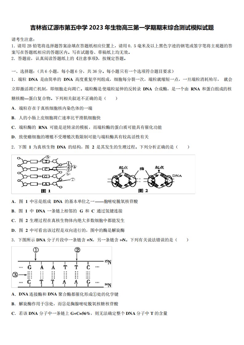 吉林省辽源市第五中学2023年生物高三第一学期期末综合测试模拟试题含精品