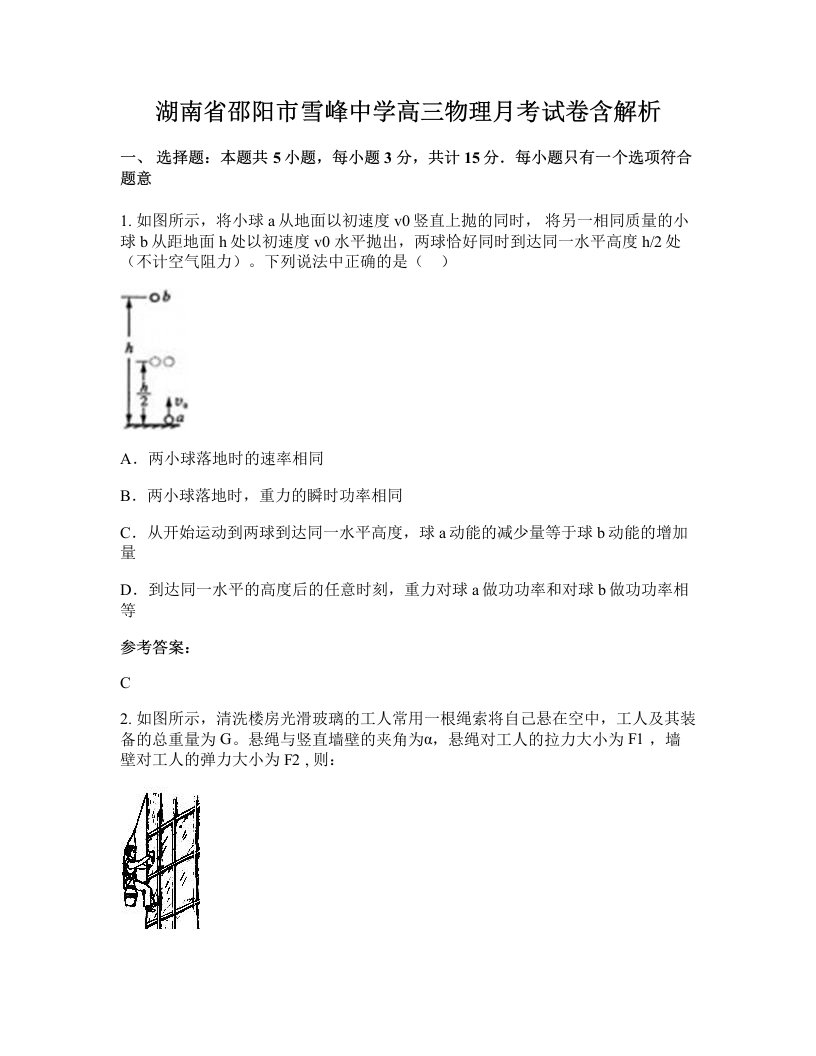 湖南省邵阳市雪峰中学高三物理月考试卷含解析