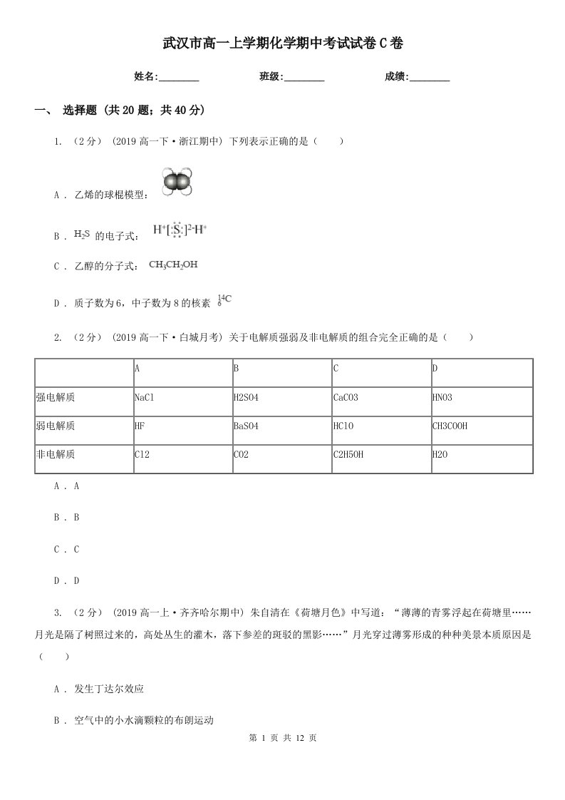 武汉市高一上学期化学期中考试试卷C卷（考试）