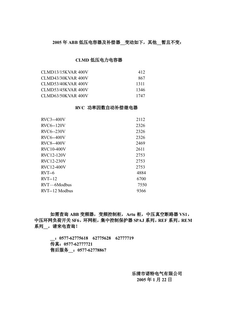 2005年ABB低压电容器及补偿器价格变动如下