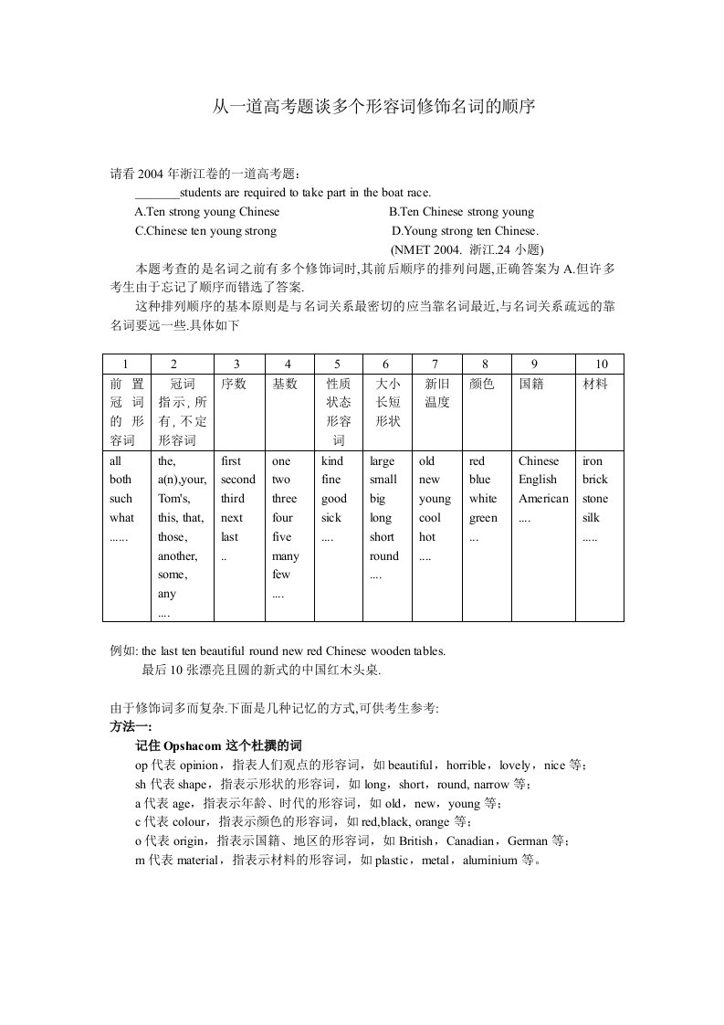 从一道高考题谈多个形容词修饰名词的顺序