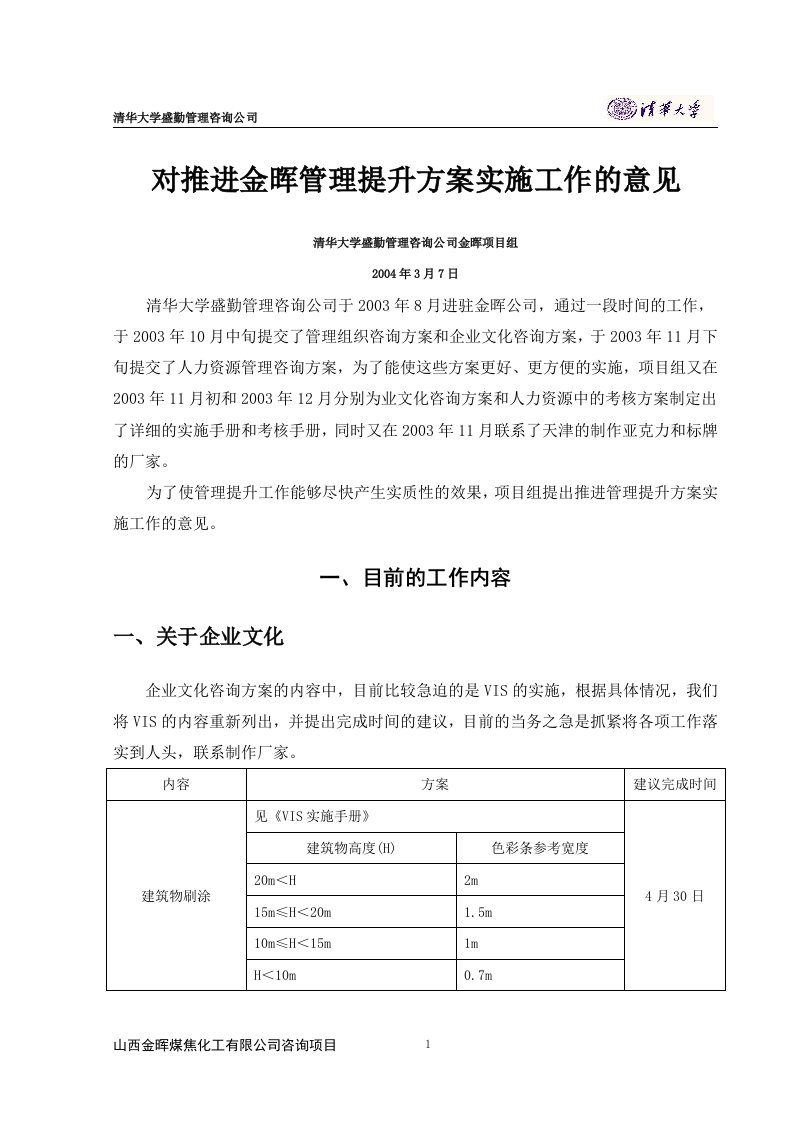 山西金晖煤焦化工—实施计划