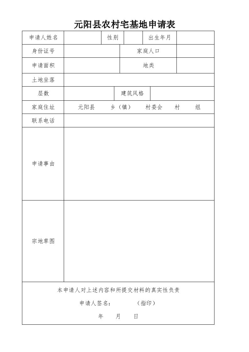 元阳县农村宅基地申请表