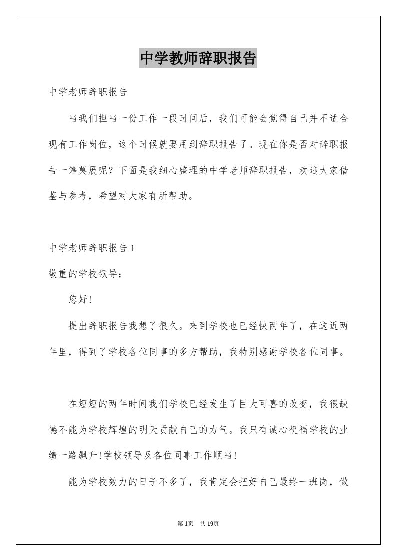 中学教师辞职报告精选