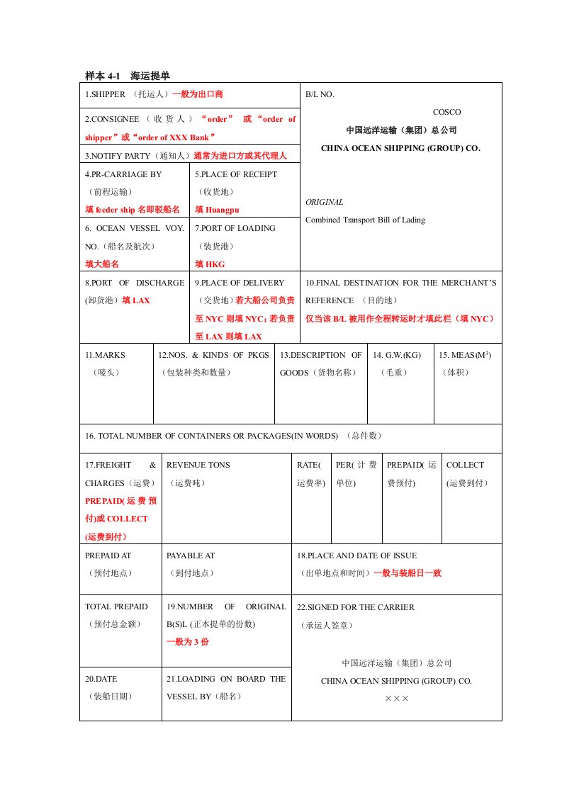 海运提单的填写方法及各家公司海运提单样本