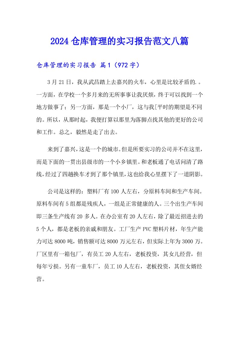 2024仓库管理的实习报告范文八篇