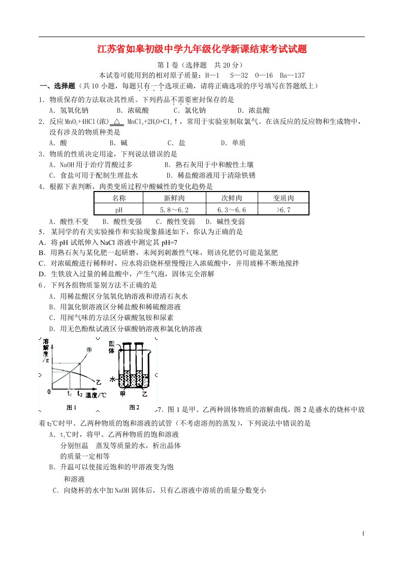 江苏省如皋初级中学九级化学新课结束考试试题