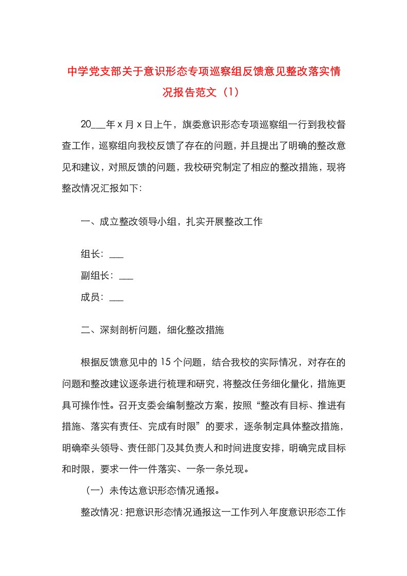 中学党支部关于意识形态专项巡察组反馈意见整改落实情况报告范文3篇